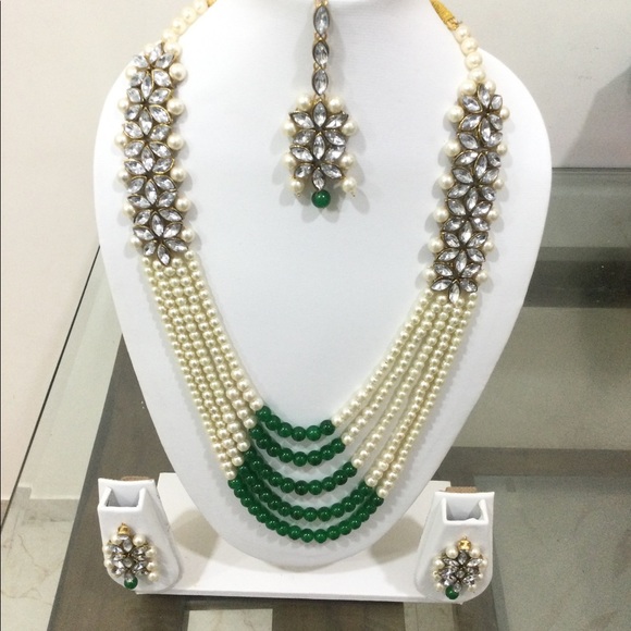 Green & white pearl pakistani bridal necklace set queen’s necklace - Picture 2 of 10